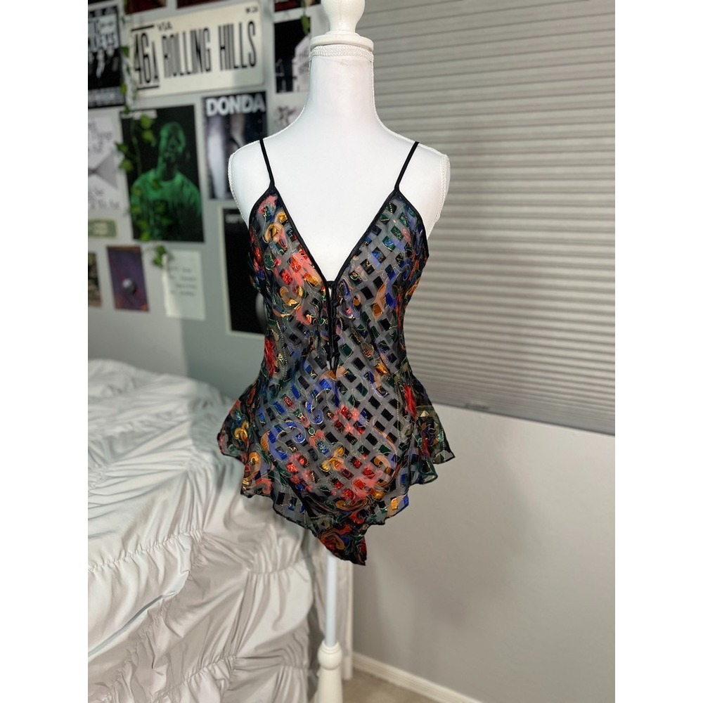 Gold Label Victoria's Secret Vintage Teddy M Floral Sheer Mesh Black Multicolor - Picture 1 of 7